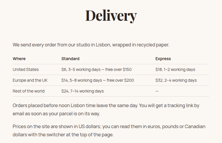 The Delivery page: a sentence about shipping from Lisbon, then a table with Standard and Express prices and delivery times for three regions