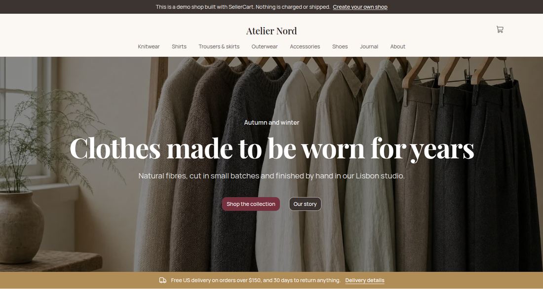 The top of the Atelier Nord home page: a headline over a photo of a clothes rail, the menu of six collections, and a free-delivery strip under the photo