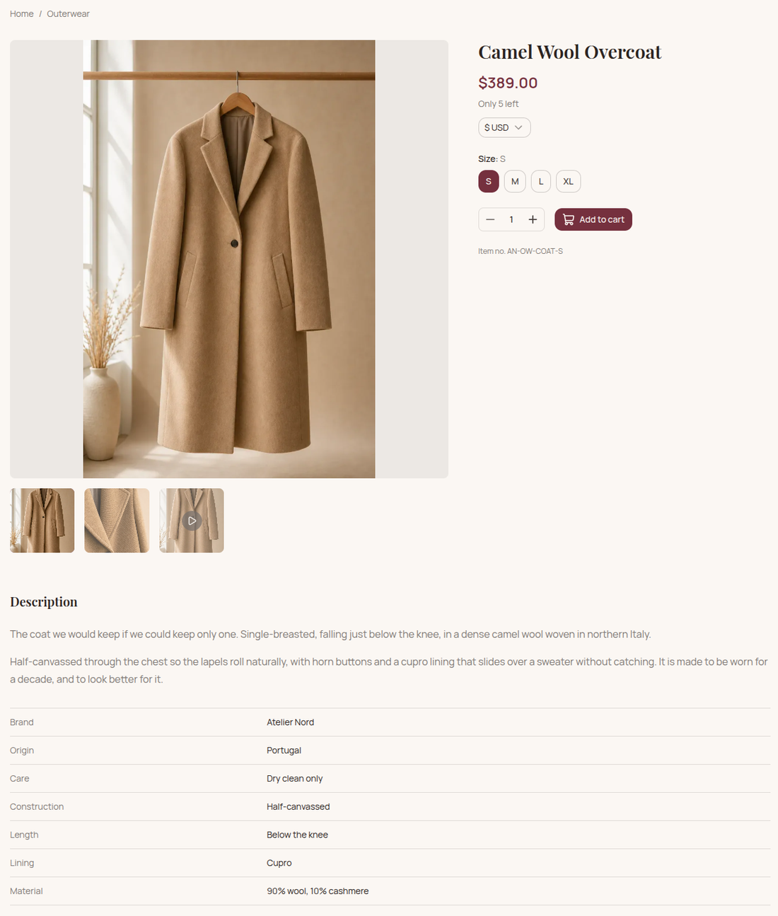 The Camel Wool Overcoat's product page: a large photo with thumbnails, the price, sizes S to XL, an Add to cart button, then the description and a table of details