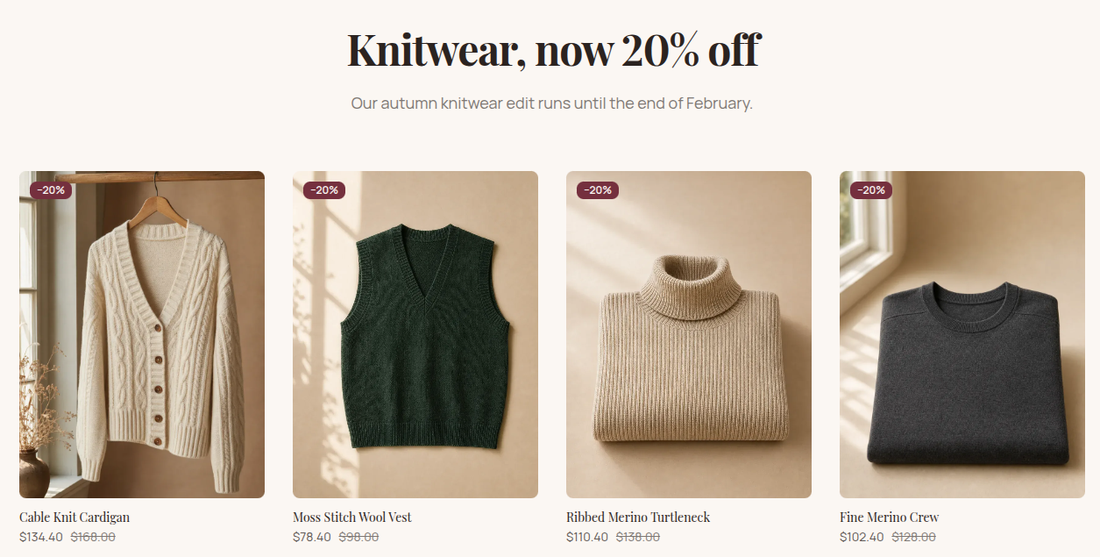 The Knitwear sale on the home page: four sweaters with a −20% badge, each priced with the sale price next to the old one struck through