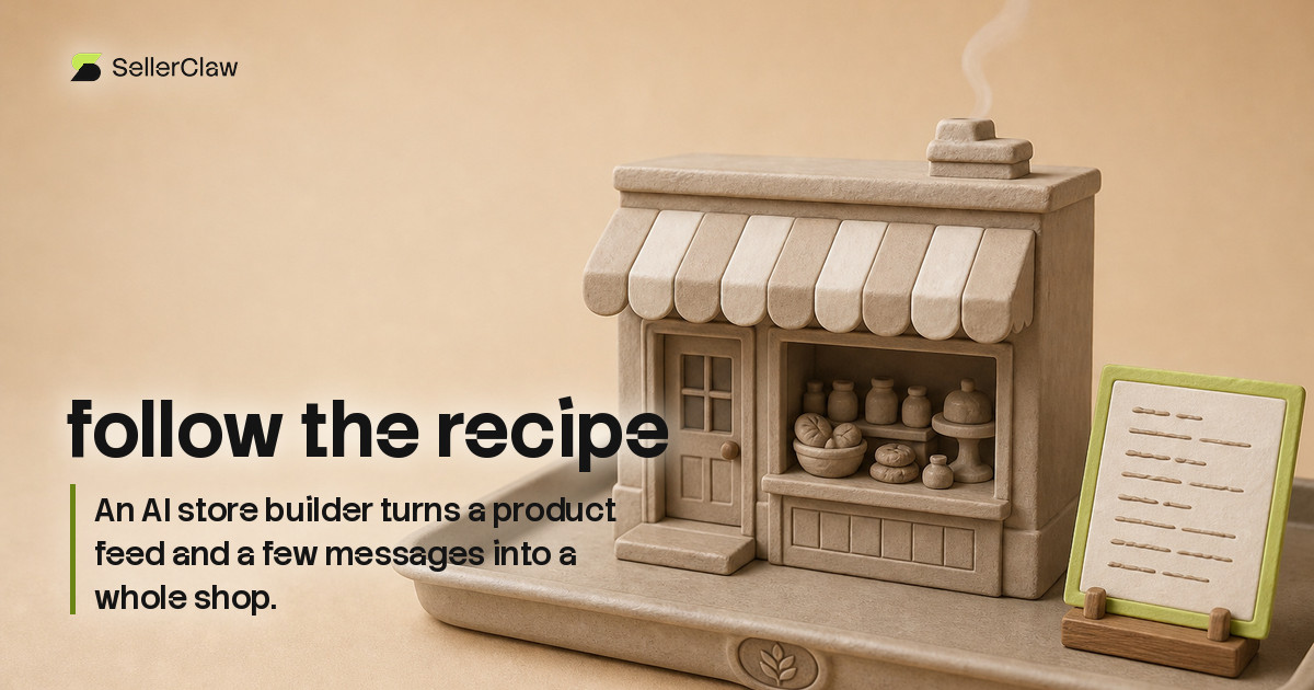 Cover: a small clay shopfront on a baking tray, fresh out of the oven, with a recipe card propped beside it