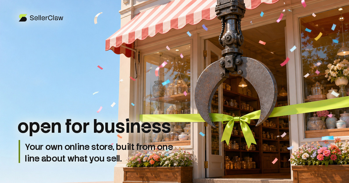 Cover: a mechanical claw about to cut a green ribbon across the door of a sunny little shop