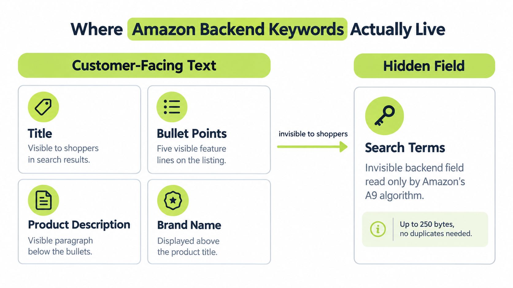 Where Amazon backend keywords sit: customer-facing text versus the hidden Search Terms field