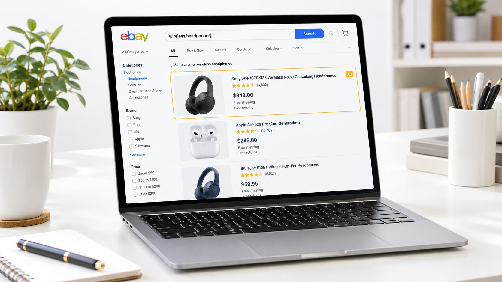 A laptop screen displaying an eBay search results page for wireless headphones on a white office desk.