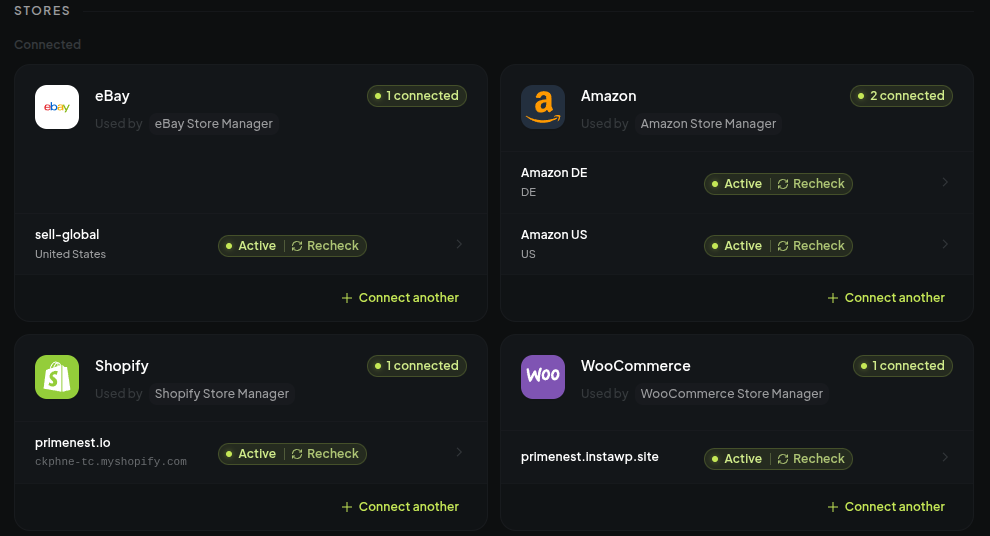 Connected stores: eBay, two Amazon marketplaces, Shopify and WooCommerce, each with its status