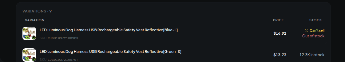 One listing's nine variations, each with its own price and stock, one marked can't sell