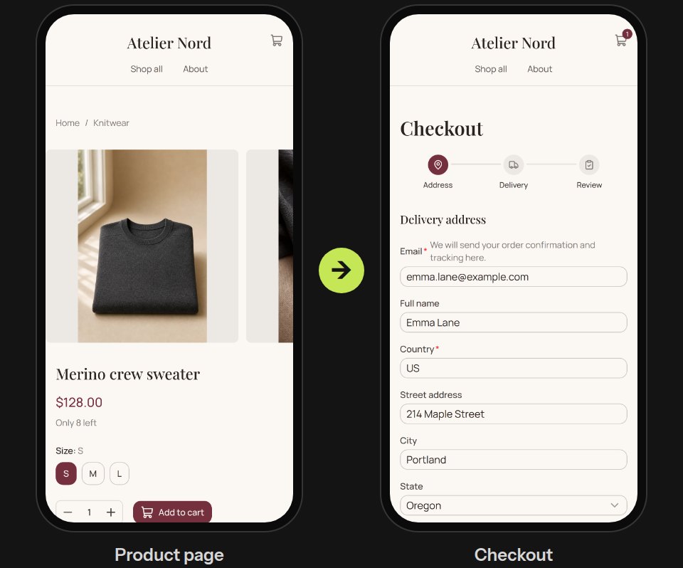 Two phone screens of a sample shop: a sweater's product page and the first step of checkout with the delivery address filled in
