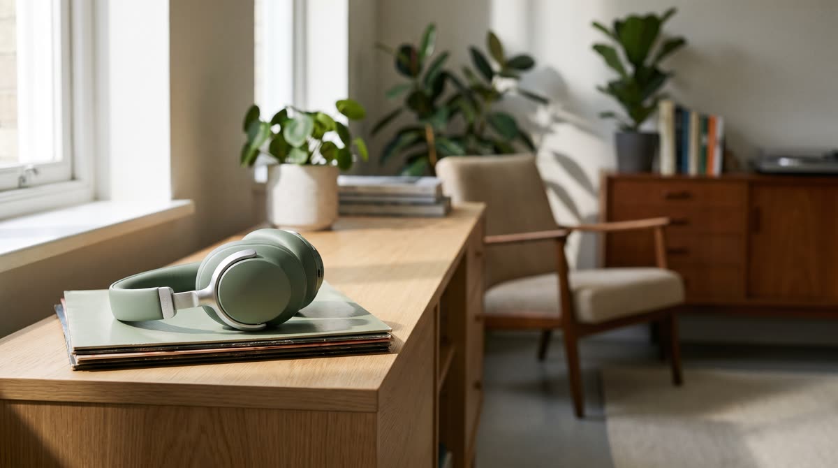 Example Google display ad: sage green headphones on a stack of records