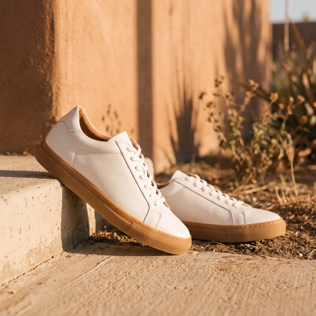 Example Instagram ad: white leather sneakers on a sunlit concrete step